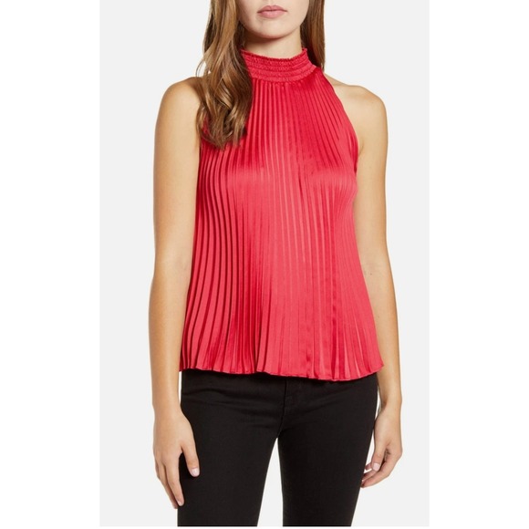 1 State Tops - 1 STATE Red Pleated‎ Mock Neck Sleeveless Halter Top Blouse Women XS
